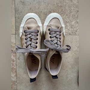 Zara Beige Canvas Sneakers with Black Accents